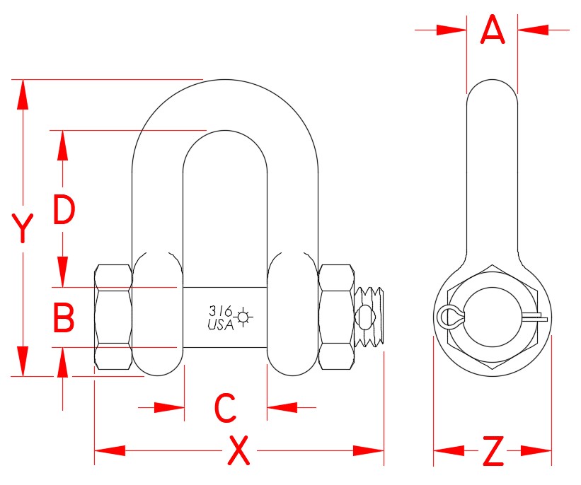 Stainless Steel US Bolt Chain Shackle, S0115-SA07-US, S0115-SA08-US, S0115-SA10-US, S0115-SA12-US, S0115-SA13-US, S0115-SA16-US, S0115-SA20-US, S0115-SA22-US, S0115-SA25-US, Line Drawing